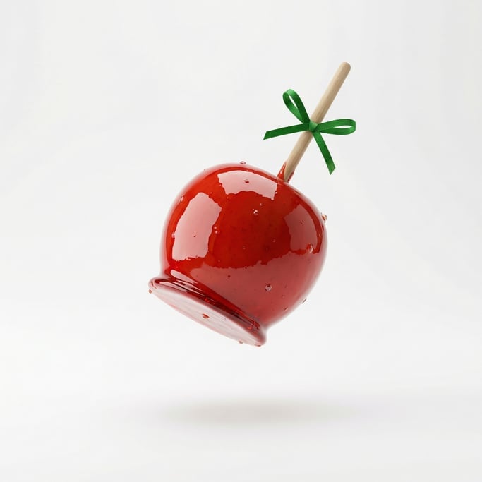A candy apple with glossy red coating, floating in mid-air