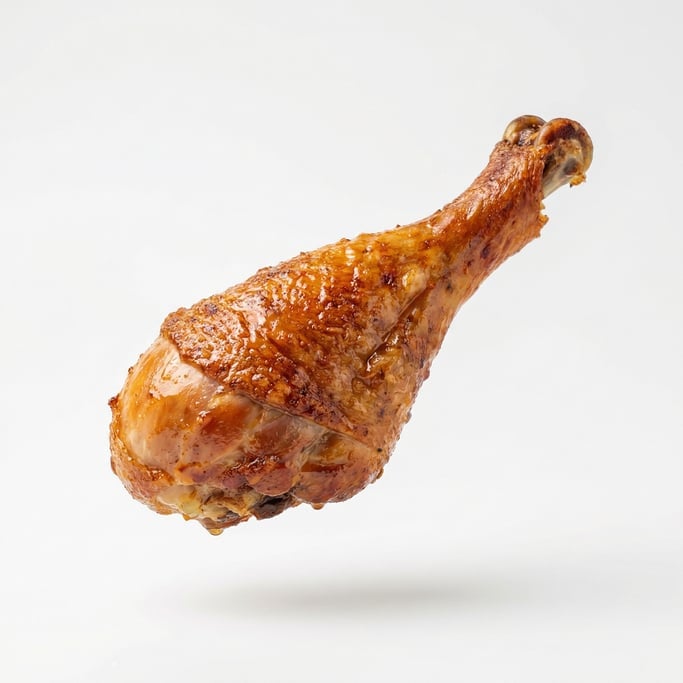 A giant turkey leg with crispy golden skin, floating in mid-air in a neat stacked arrangement