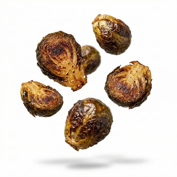 Roasted brussels sprouts with a crispy caramelized exterior, floating in mid-air at a slight angle