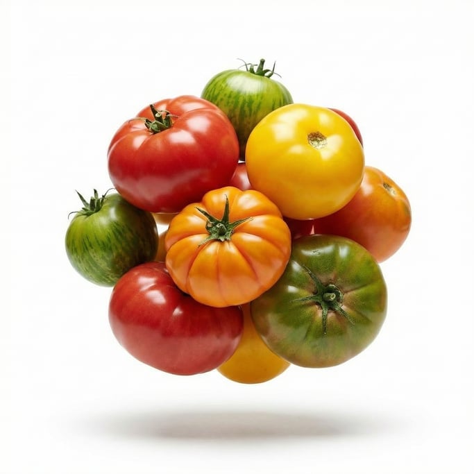A cluster of heirloom tomatoes in red, yellow, orange, and green