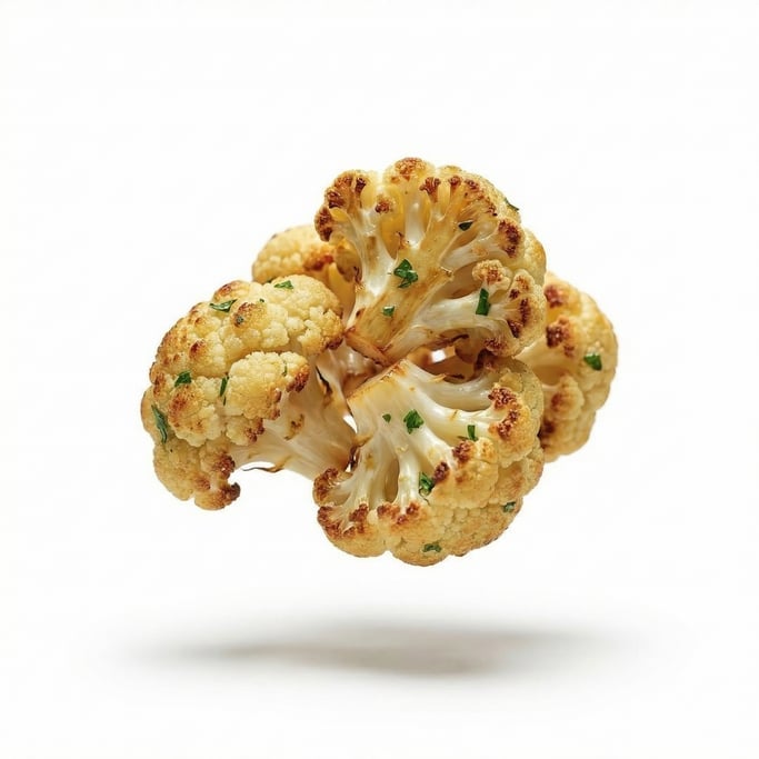 Roasted cauliflower florets with golden edges and herbs, floating in mid-air at a slight angle