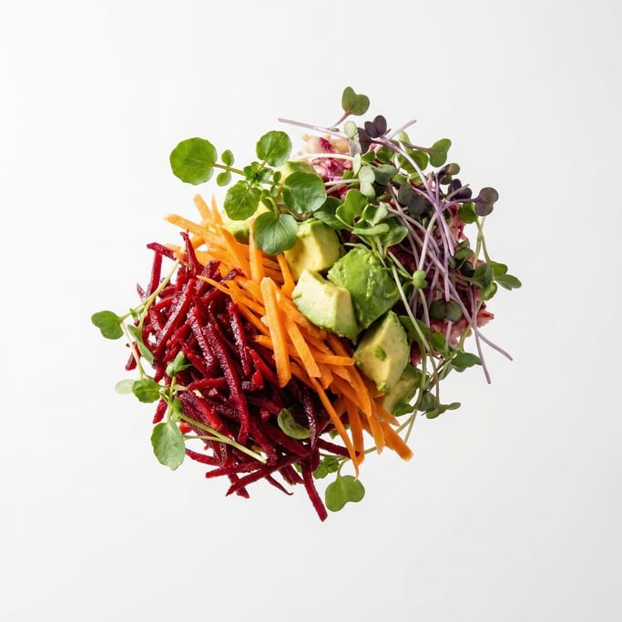 A rainbow salad with beets, carrots, avocado, and microgreens, floating in mid-air
