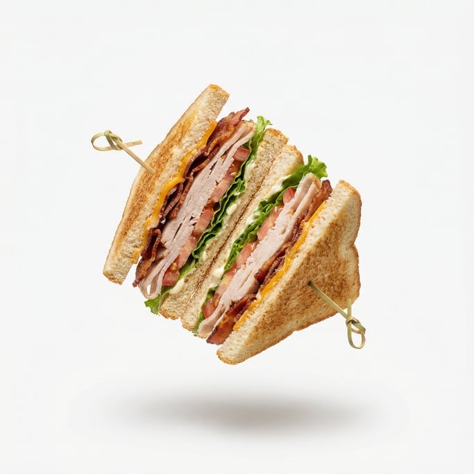 A club sandwich cut in quarters stacked with toothpicks, floating in mid-air
