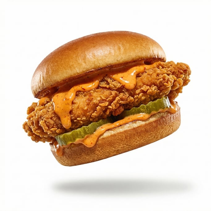 A crispy fried chicken sandwich with pickles and spicy mayo, floating in mid-air at a slight angle