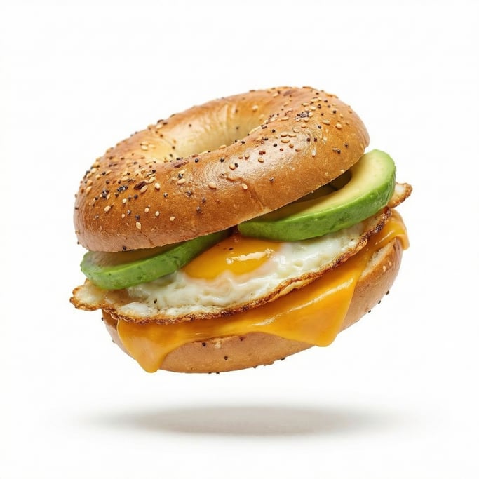 A bagel sandwich with egg, cheese, and avocado, floating in mid-air