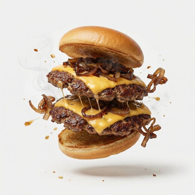 A double smash burger with caramelized onions and American cheese
