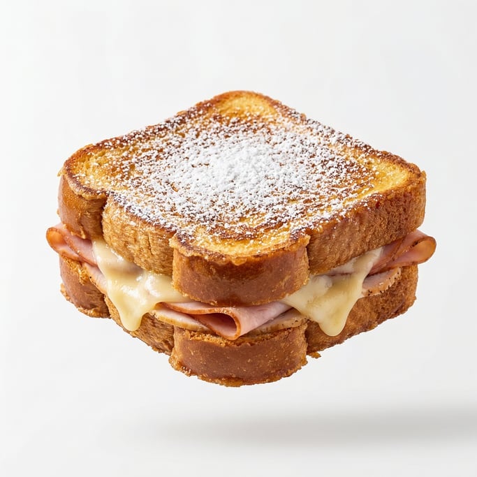 A Monte Cristo sandwich dusted in powdered sugar, floating in mid-air