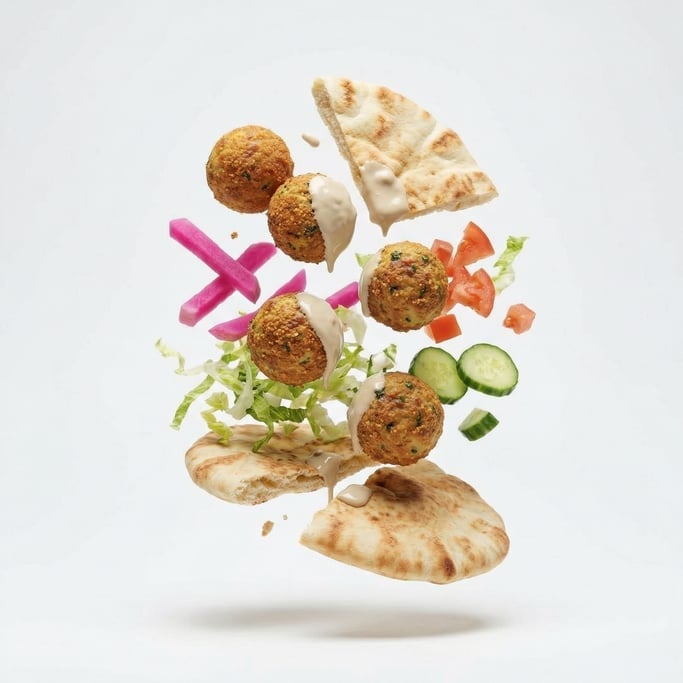 A falafel wrap with tahini, pickled turnips, and fresh vegetables, floating in mid-air