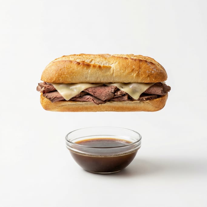 A French dip sandwich with a side of au jus, floating in mid-air, perfectly centered and symmetrical
