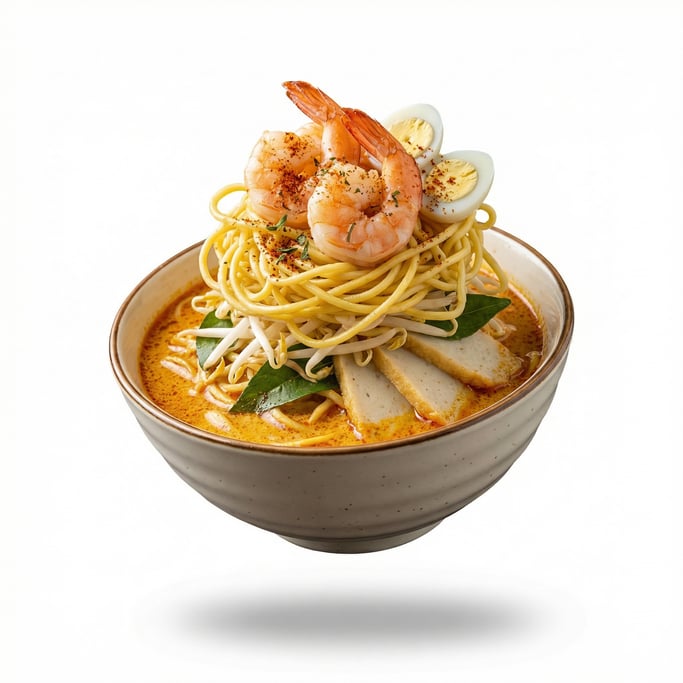 A bowl of laksa with coconut curry broth, shrimp, and noodles