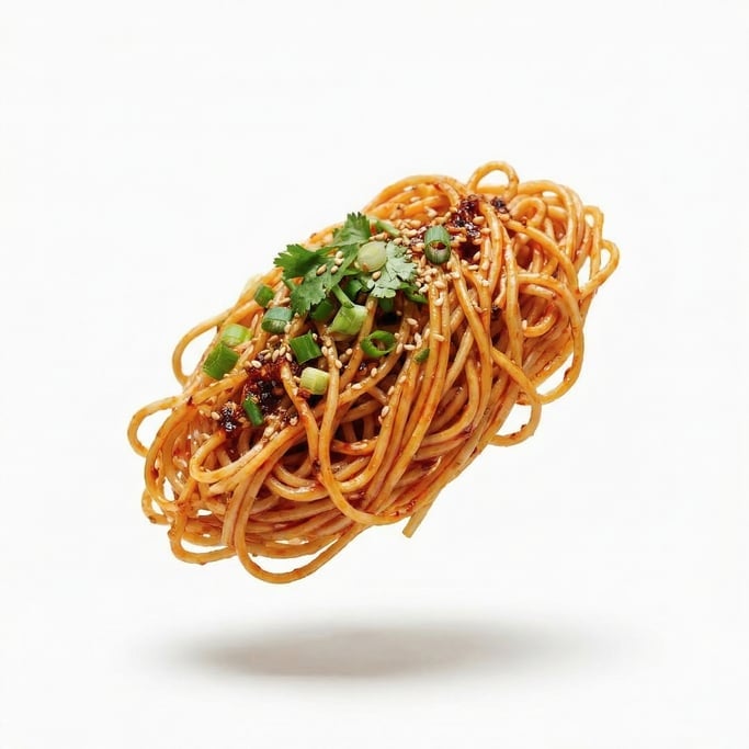 Fresh hand-pulled Chinese noodles in a spicy chili oil sauce