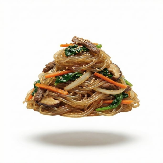 A plate of japchae Korean glass noodles with vegetables