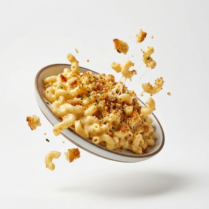A plate of mac and cheese with a crispy breadcrumb topping, floating in mid-air