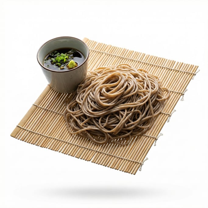 Cold soba noodles on a bamboo mat with dipping sauce, floating in mid-air