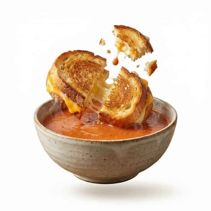 A bowl of tomato soup with a grilled cheese dunked in, floating in mid-air
