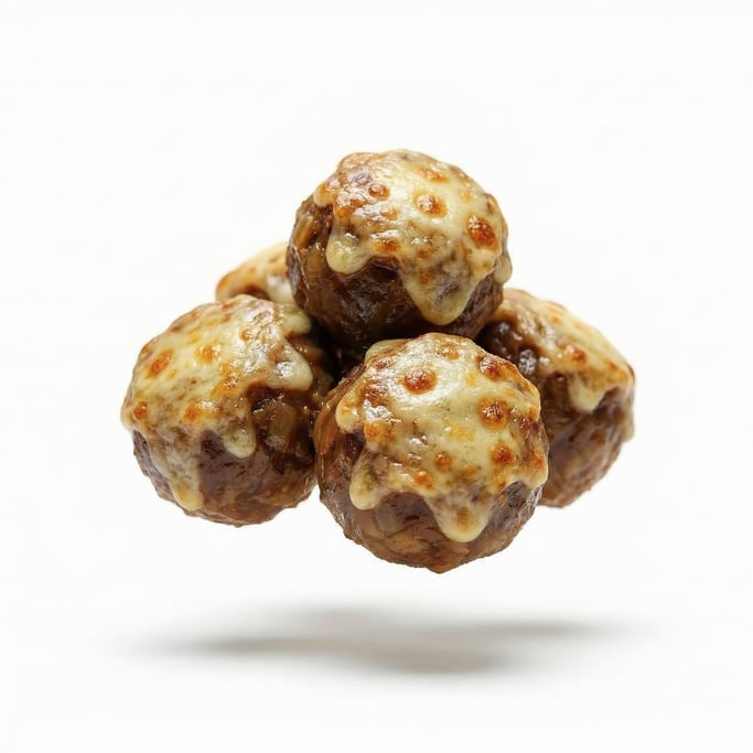 French onion soup with melted gruyère cheese bubbling on top, floating in mid-air in a tight cluster