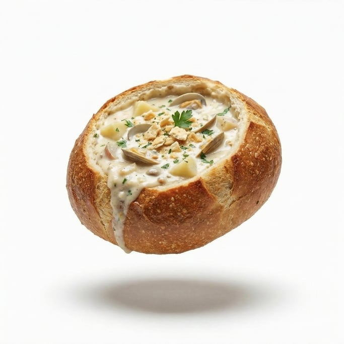 A bowl of creamy clam chowder in a bread bowl, floating in mid-air at a slight angle
