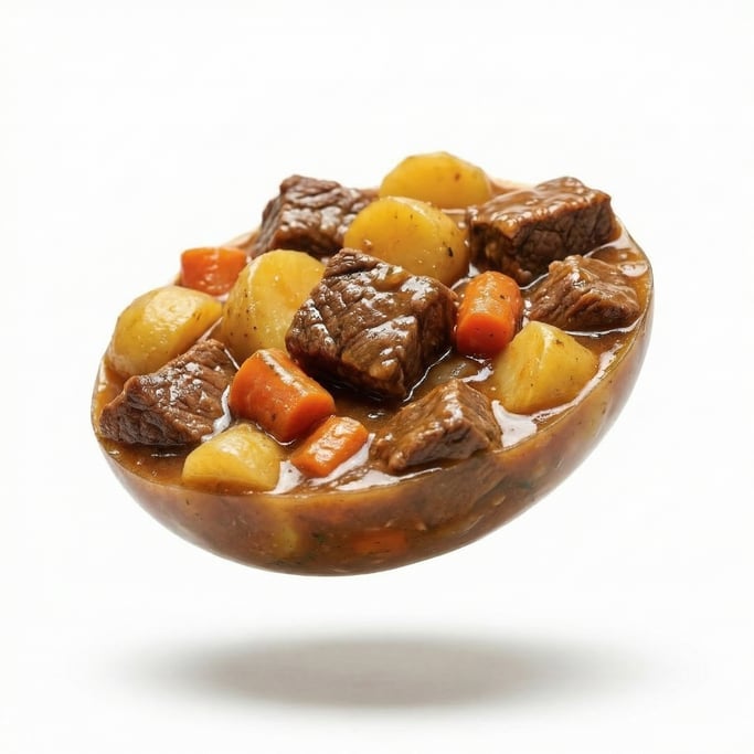 A hearty beef stew with chunks of potato and carrot, floating in mid-air at a slight angle