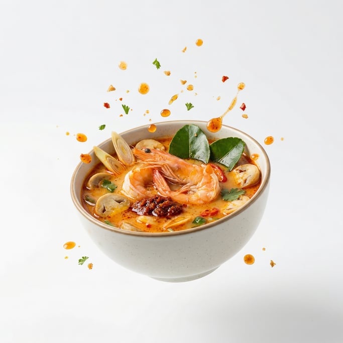 A bowl of Thai tom yum soup with shrimp and mushrooms