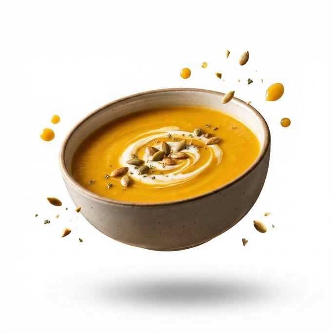 A bowl of smooth butternut squash soup with a cream swirl and pepitas