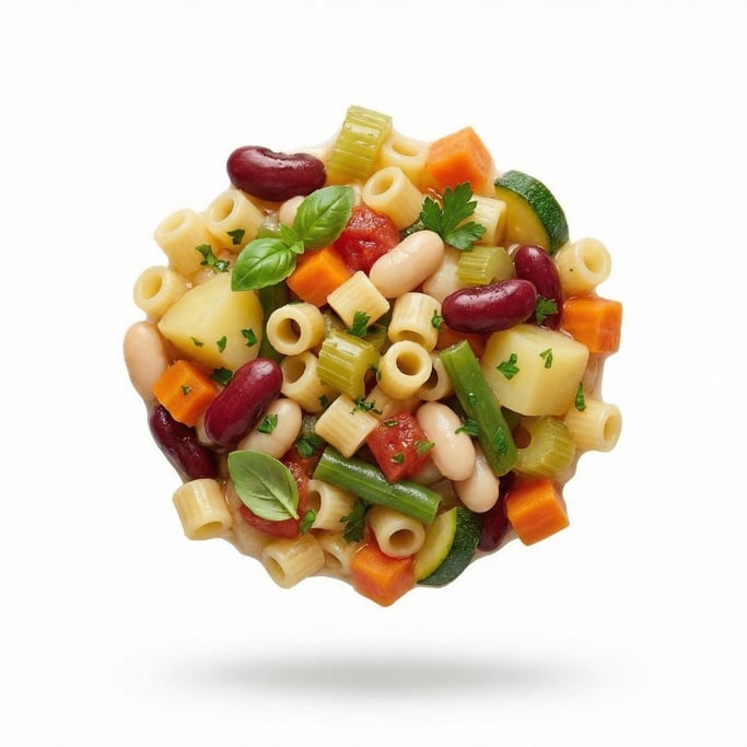 Minestrone soup with pasta, beans, and vegetables, floating in mid-air in a tight cluster