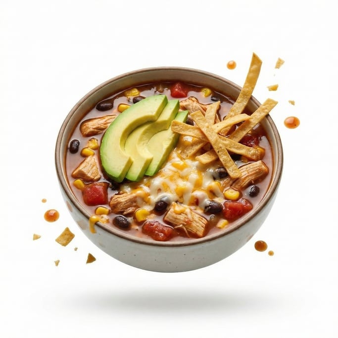 A bowl of tortilla soup with avocado, cheese, and crispy tortilla strips