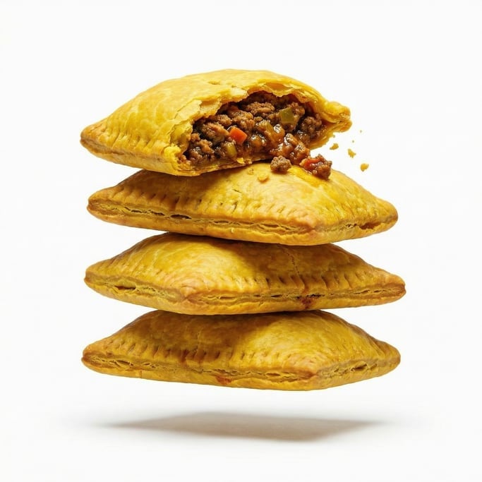 A Jamaican beef patty with flaky golden crust and one broken open