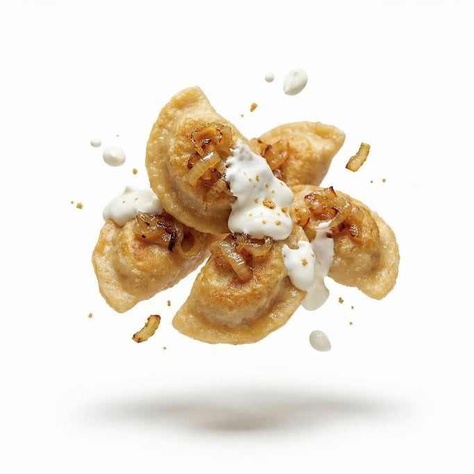 Pierogi dumplings with sour cream and caramelized onions