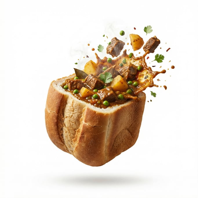 A South African bunny chow — a hollowed bread loaf filled with curry