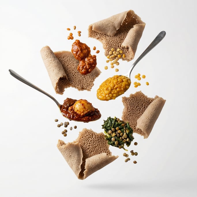 Ethiopian injera bread with colorful stews and lentils, floating in mid-air