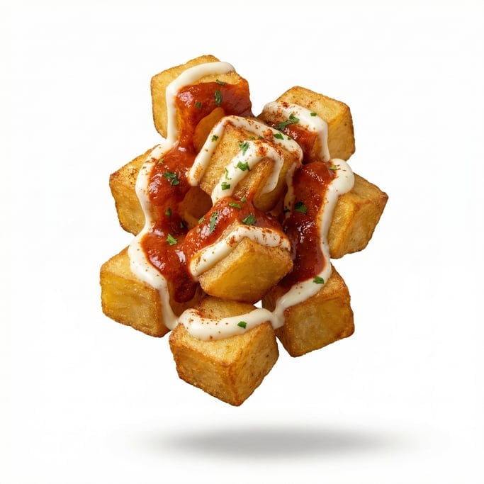 A plate of Spanish patatas bravas with aioli and spicy sauce