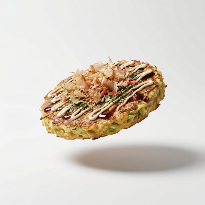 Japanese okonomiyaki pancake with bonito flakes and mayo drizzle