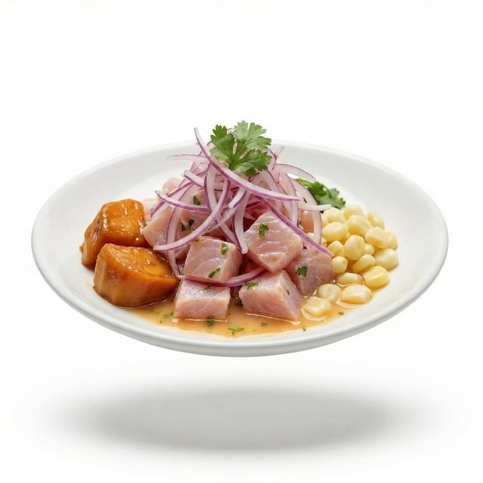 A plate of Peruvian ceviche with red onion and sweet potato, floating in mid-air in a tight cluster