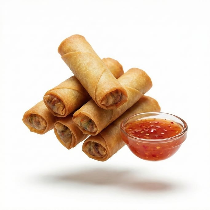 Filipino lumpia spring rolls with a sweet chili dipping sauce