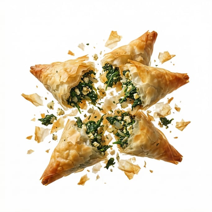 Greek spanakopita triangles with flaky phyllo and spinach filling