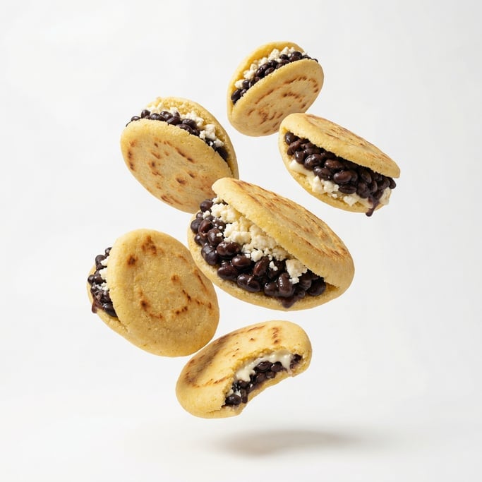 Fresh arepas stuffed with black beans and white cheese, floating in mid-air