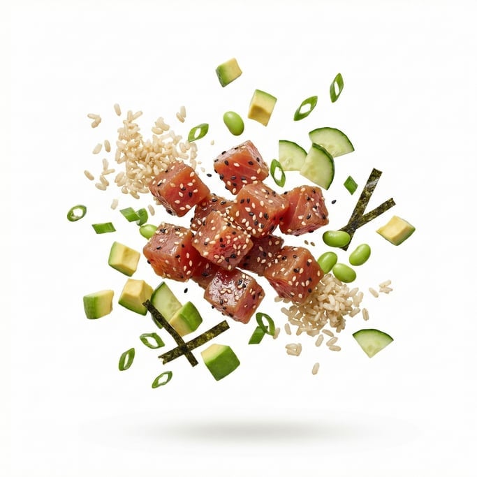 A Hawaiian poke bowl with fresh ahi tuna and sesame, floating in mid-air