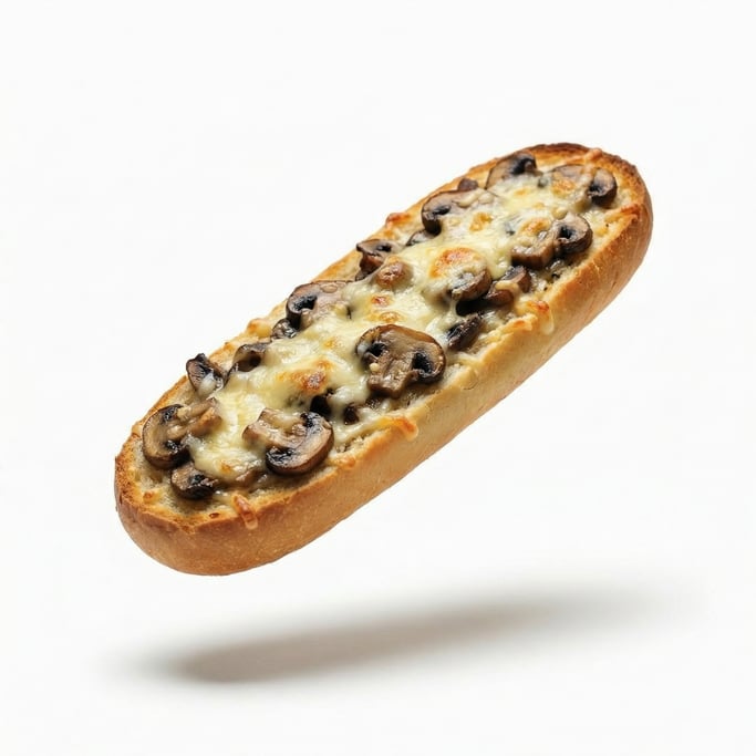 A Polish zapiekanka — an open-faced baguette with mushrooms and cheese