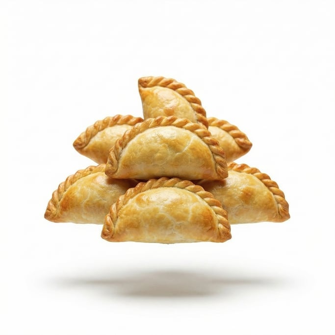 Argentinian empanadas with crimped edges and golden crust, floating in mid-air