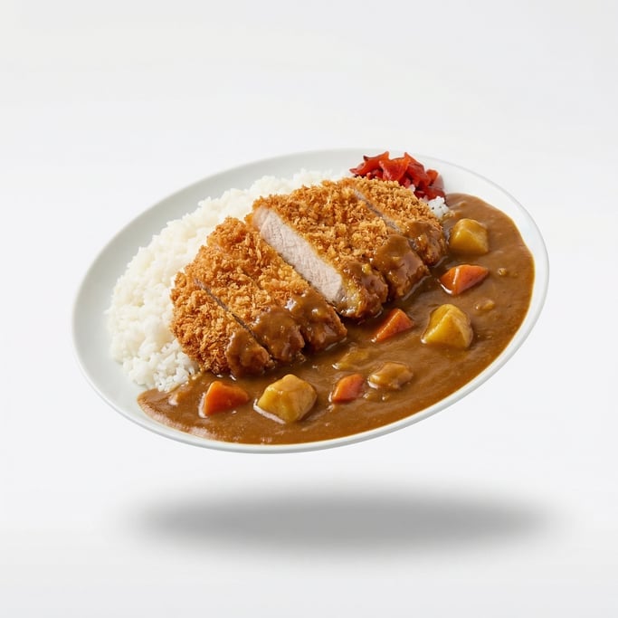 Japanese katsu curry with breaded pork cutlet over rice, floating in mid-air at a slight angle
