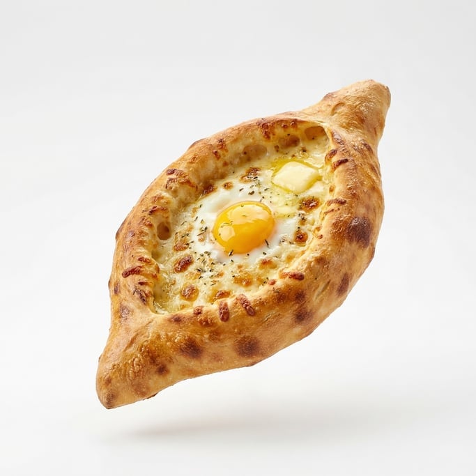 A bowl of Georgian khachapuri bread with egg and cheese, floating in mid-air