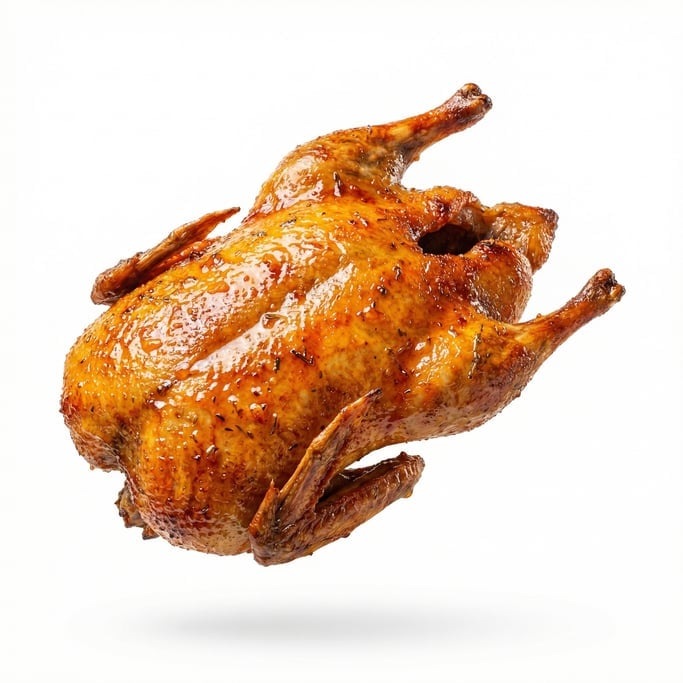 A whole roasted duck with crispy golden skin and orange glaze, floating in mid-air