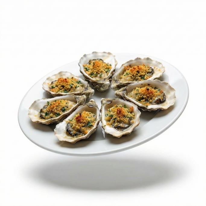 A plate of fresh oysters Rockefeller with breadcrumb and herb topping