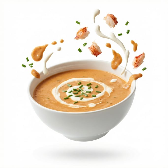 A lobster bisque in a white bowl with a cream swirl and chive garnish, floating in mid-air