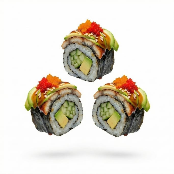 Fresh dragon rolls with eel, avocado, and tobiko on top, floating in mid-air