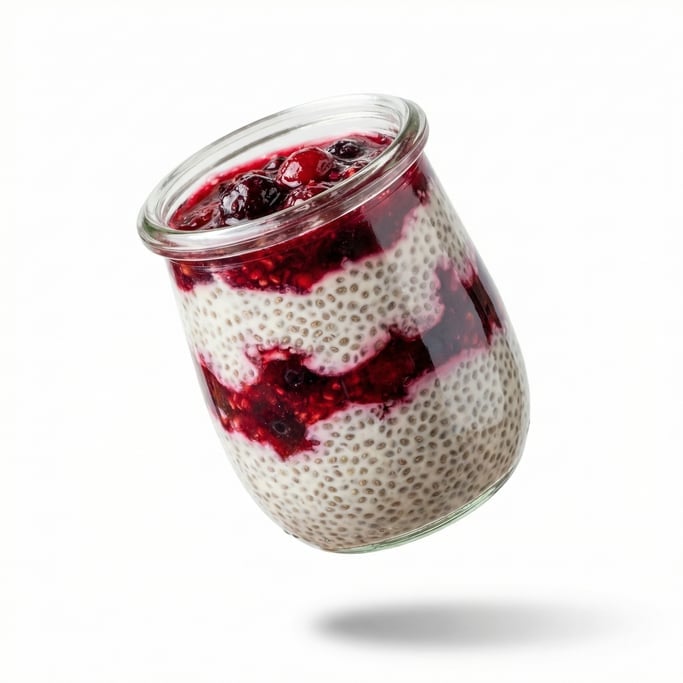 A jar of overnight chia pudding with layers of berry compote