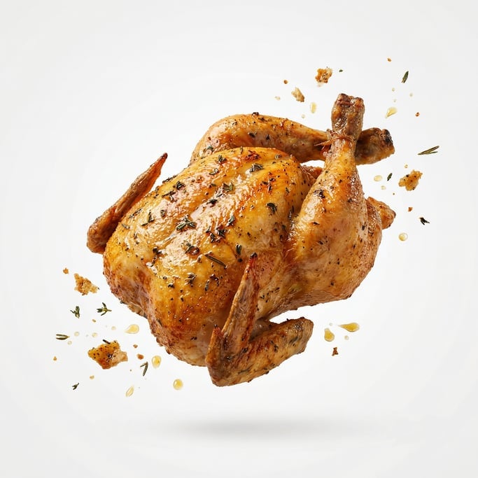 A whole rotisserie chicken with golden crispy skin and herbs