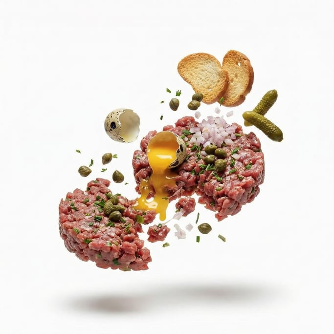 A plate of beef tartare with quail egg yolk and capers, floating in mid-air