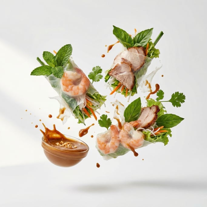 Fresh Vietnamese summer rolls with peanut dipping sauce