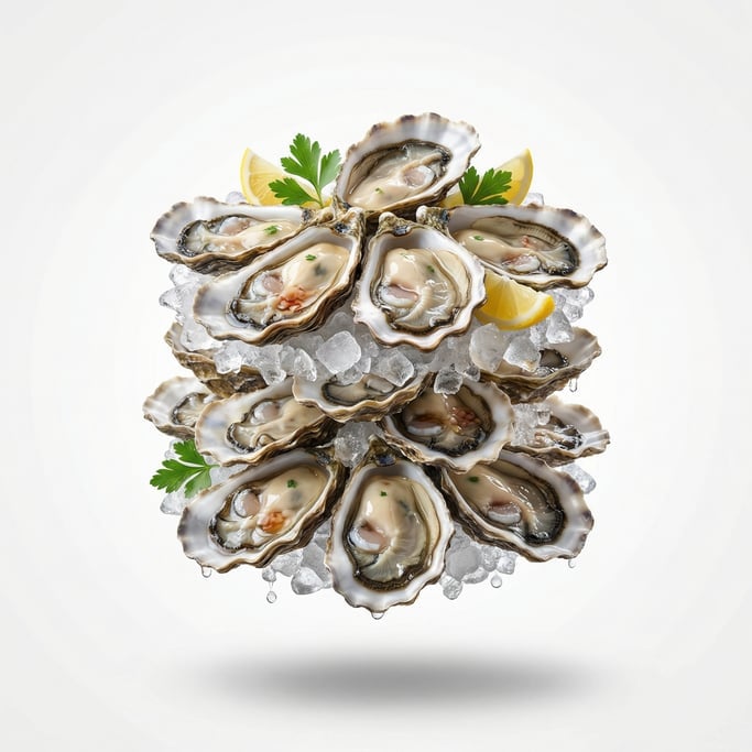 A tower of fresh oysters on a bed of crushed ice, floating in mid-air in a neat stacked arrangement